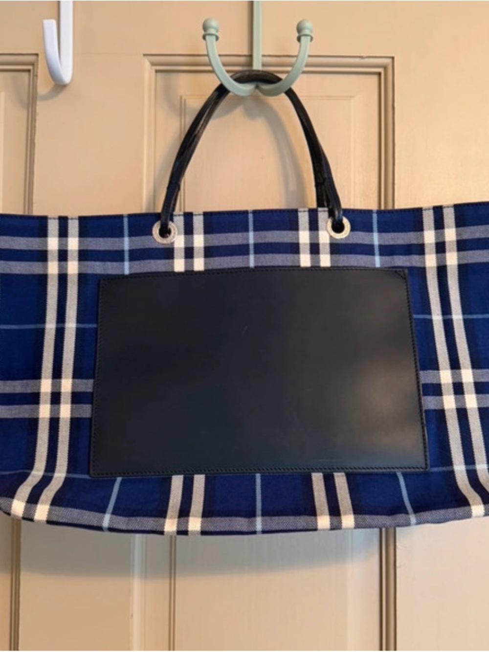 Burberry Blue Plaid Tote with Navy Leather Pocket